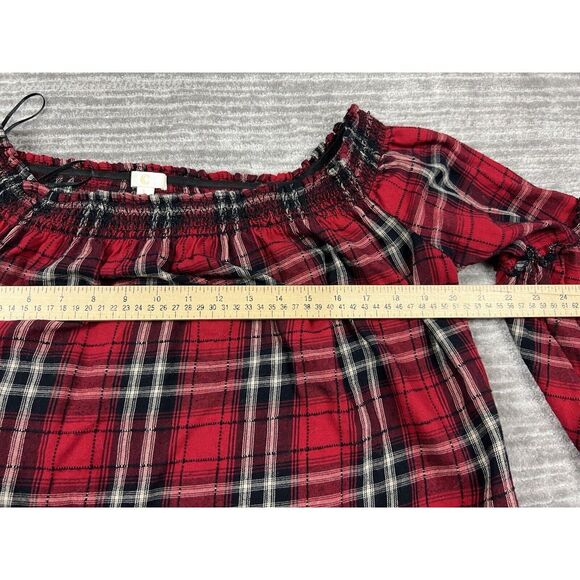 C‎ Label Top Womens Large Red Plaid Off Shoulder 3/4 Sleeve Bohemian Casual - Picture 4 of 12